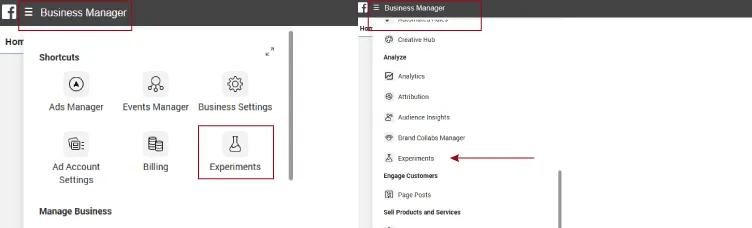 finding experiments in ads manager
